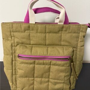 Olive Quilted Tote Bag with Pink Accents